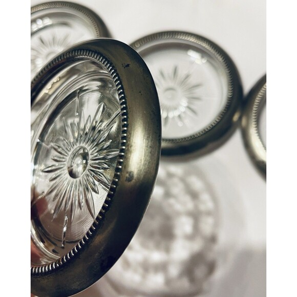 Vintage Leonard Italy Silverplate & Glass Coasters Set of 8 Starburst Design - Picture 6 of 12